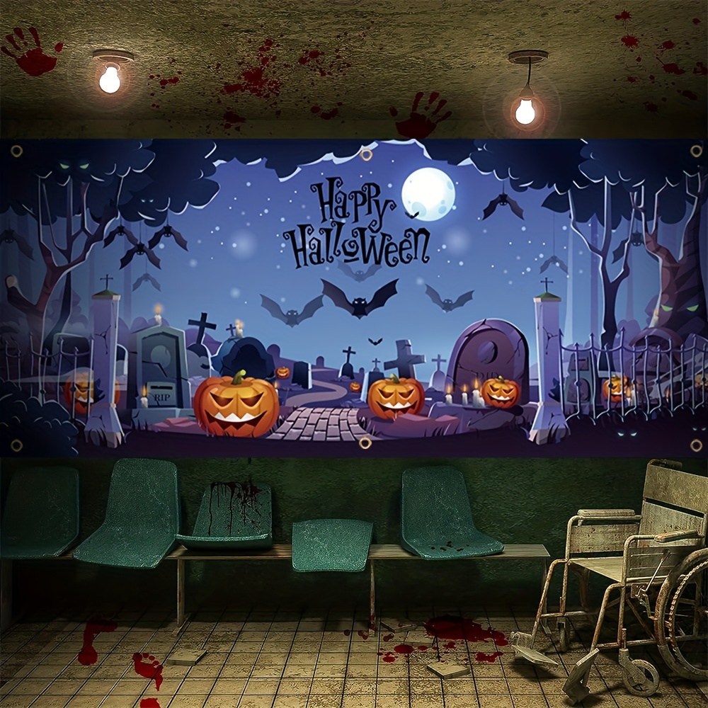 1pcs happy halloween garage banner 157in 71in 400cm 180cm scary graveyard pumpkin pattern garage door decoration polyester with holes with rope hanging cloth mural door decoration for indoor outdoor yard holiday party backdrop arrangement details 7