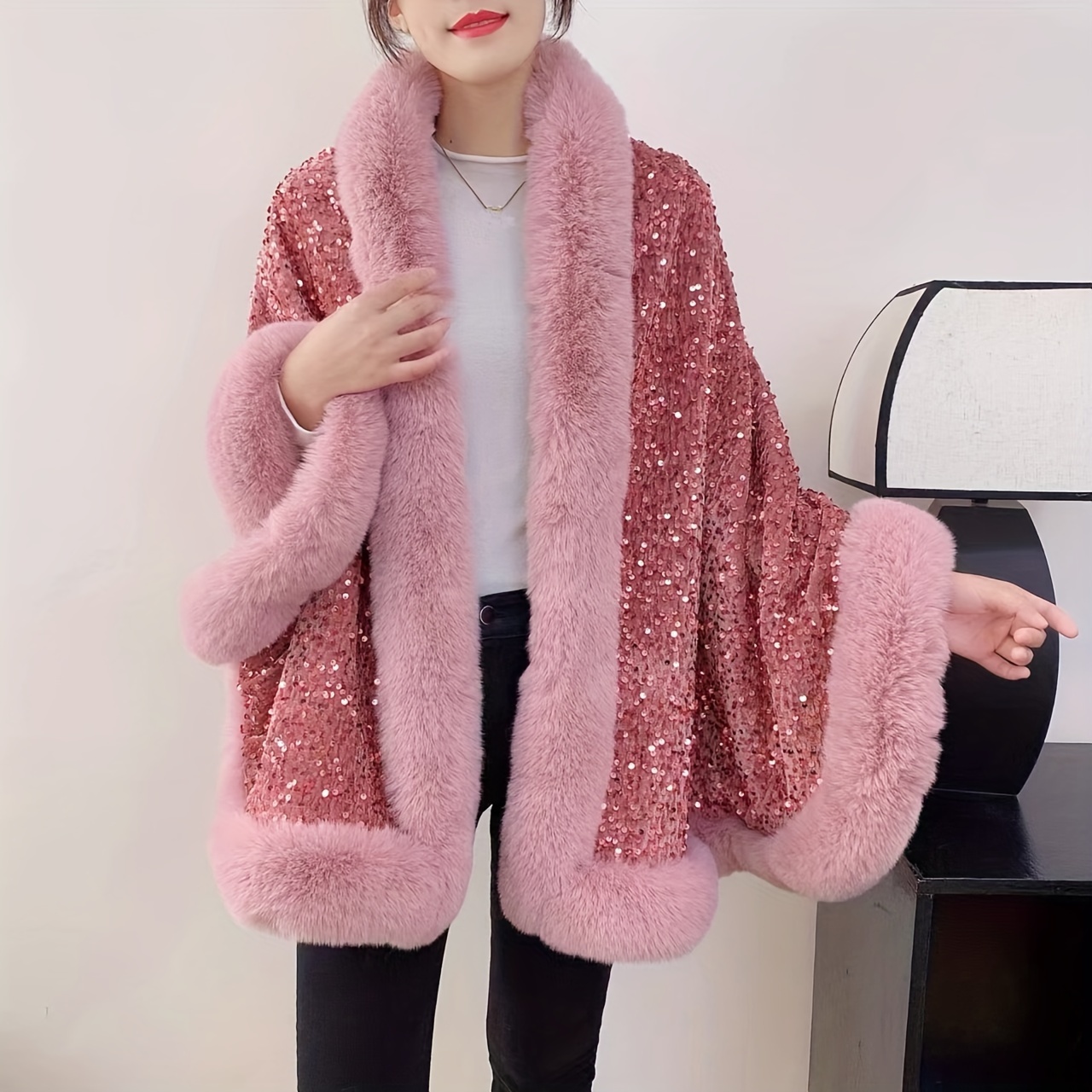 Womens Evening Dresses Wedding Cloak Faux Fur Collar Knitting Shawl Plush  Wraps Winter Warm RED 