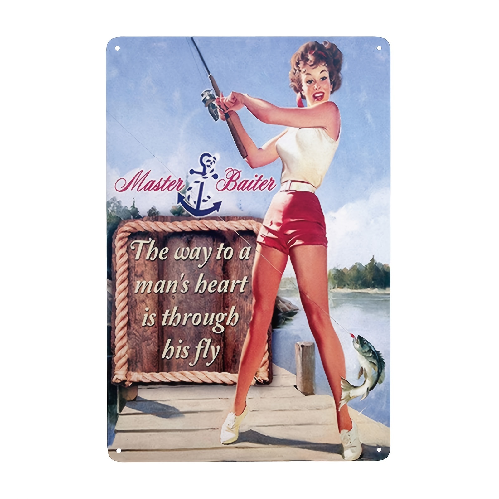1pc Retro Vintage Pinup Girl In Fishing On Wood Bridge Metal Tin