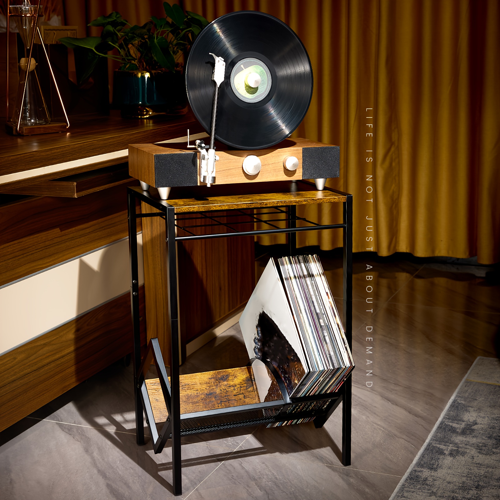 Record Holder,Vinyl Record Holder,Vinyl Record Storage,Record Holder of  Wood and Iron,Classic Design Record Holder can Hold 90-100 Vinyl  Storage,Easy Access Record Holder.Black