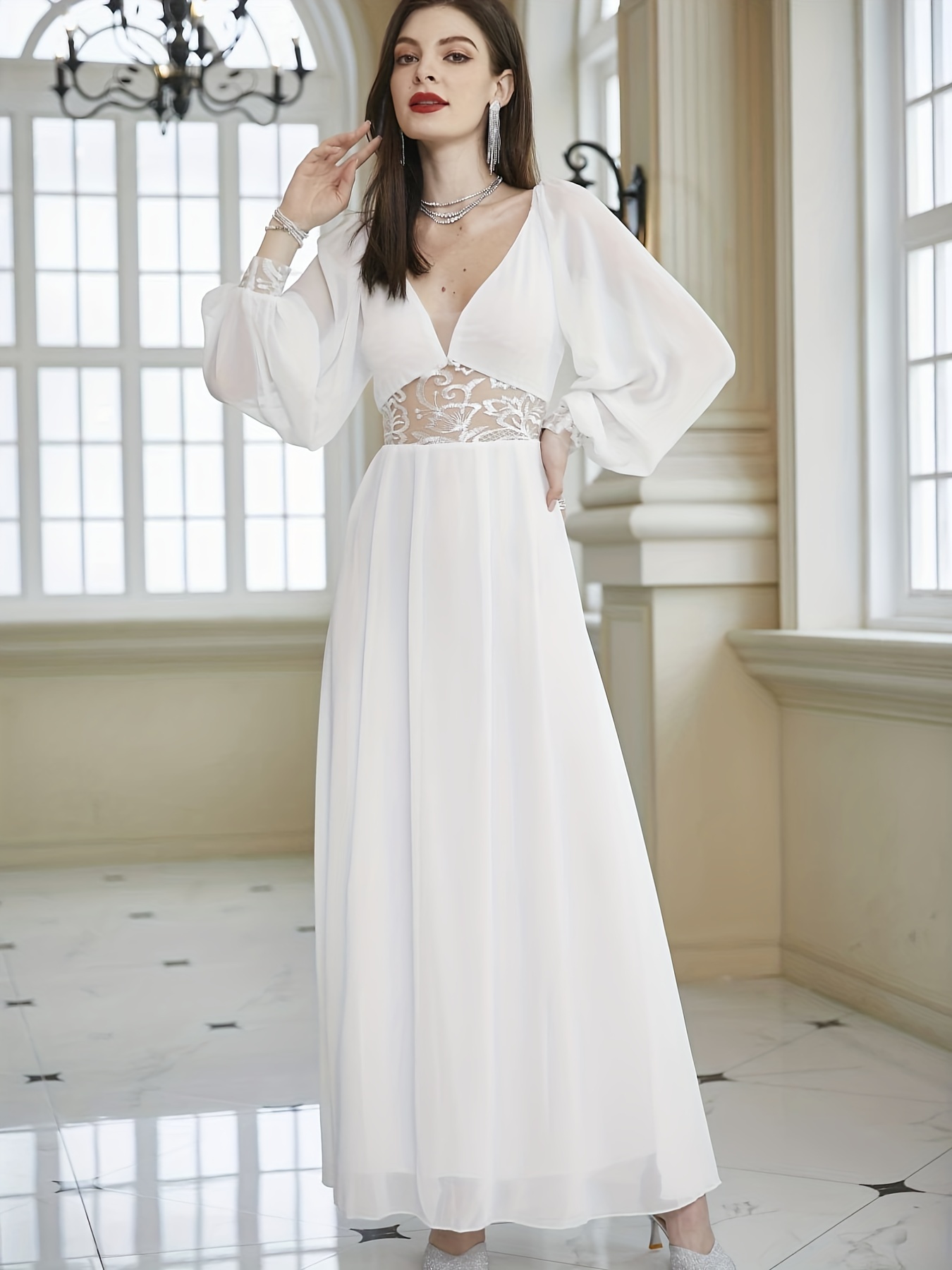 Contrast Lace V-neck Wedding Dress, Elegant Dress For Wedding Party