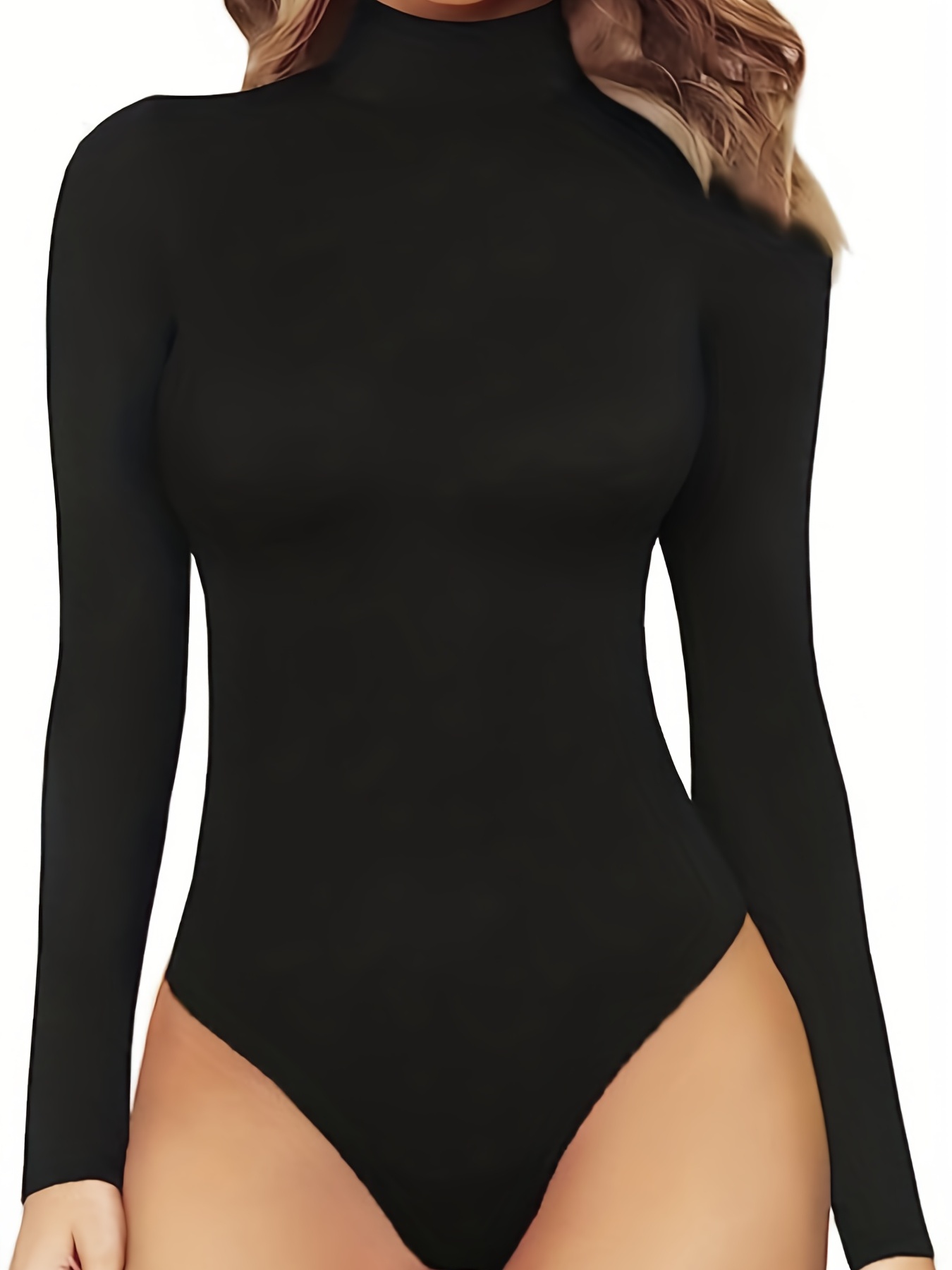 Plus Size Sexy Bodysuit, Women's Plus Solid Long Sleeve High Neck Slim Fit  Bodysuit