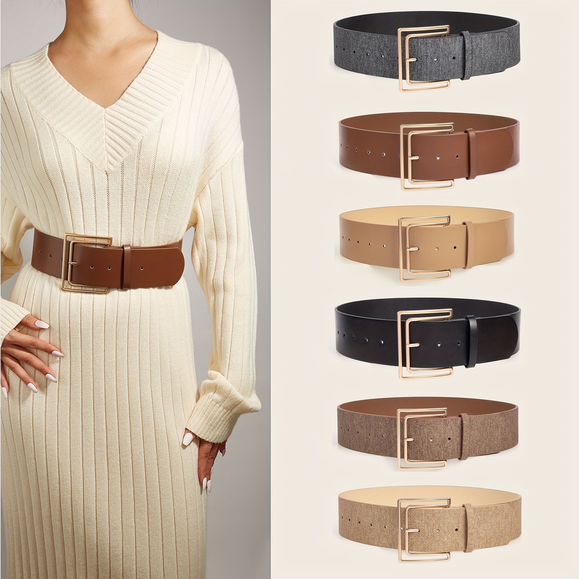 Classic Lock Buckle Pu Wide Belts Elegant Solid Color - Temu