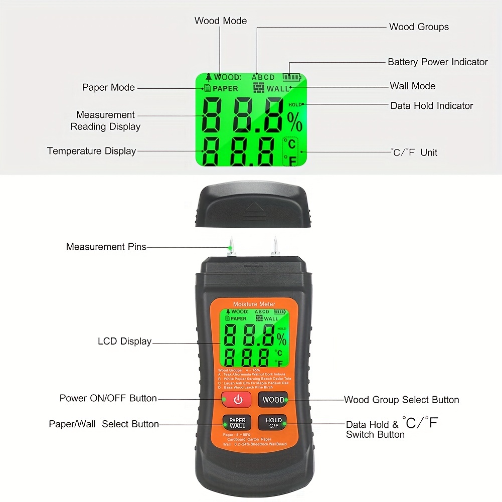 1pc 木材水分計測定ツール紙壁木材湿度温度計木材湿気検出器 最新のトレンドをショップ Temu Japan
