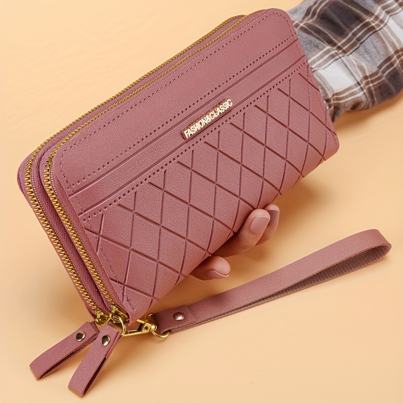 

Stylish Argyle Quilted Clutch Bag With Metal Letter Patched Double Zipper - Large Capacity Coin And Card Storage Wallet For Women