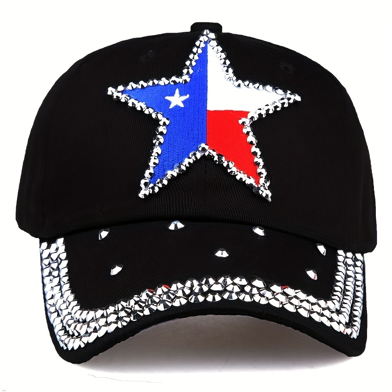 Pentagram Patch Denim Baseball Cap Rhinestone Hip Hop Distressed Dad Hat
