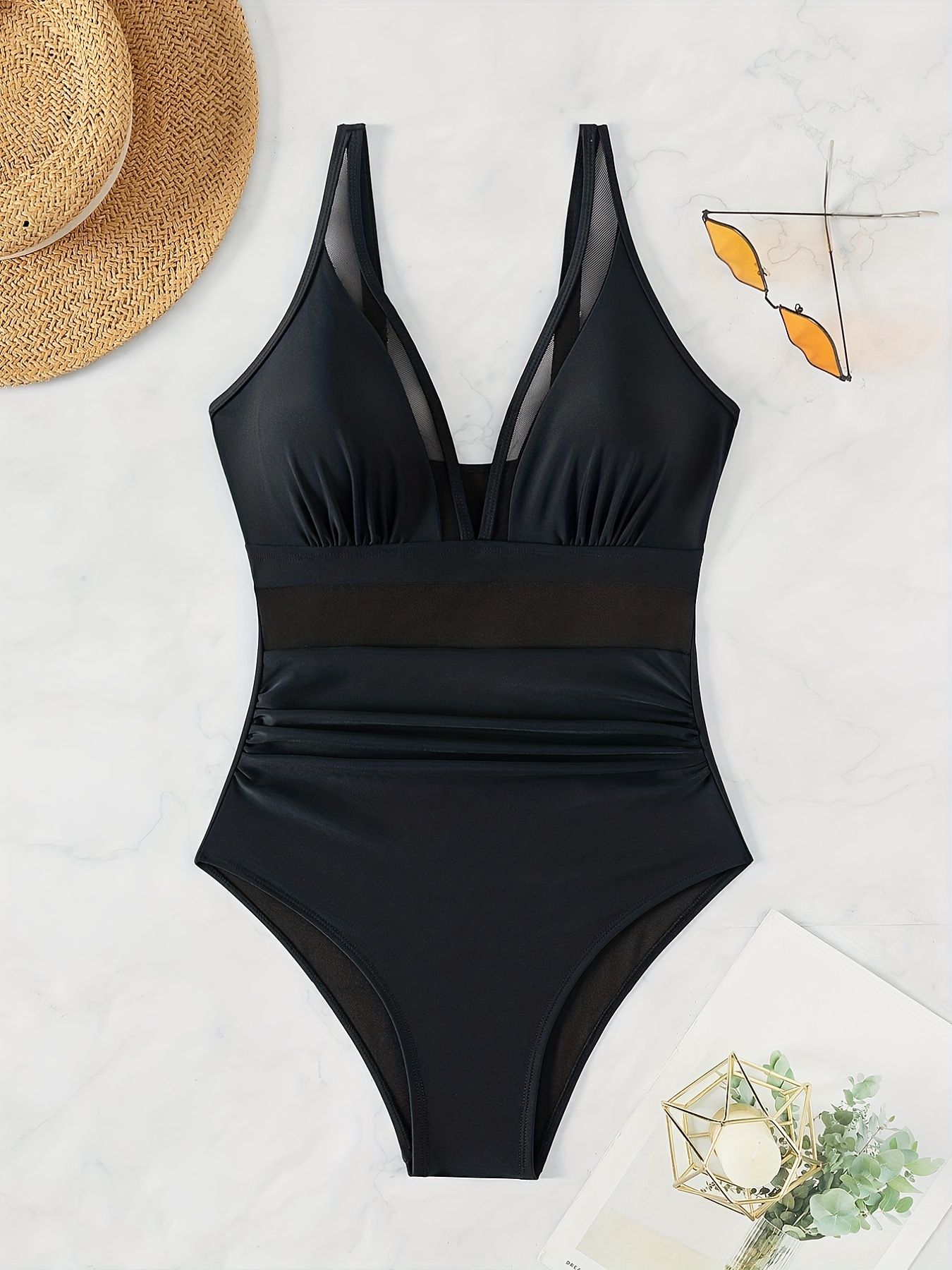 Solid Mesh Contrast Swimsuit V Neck Stretchy - Temu