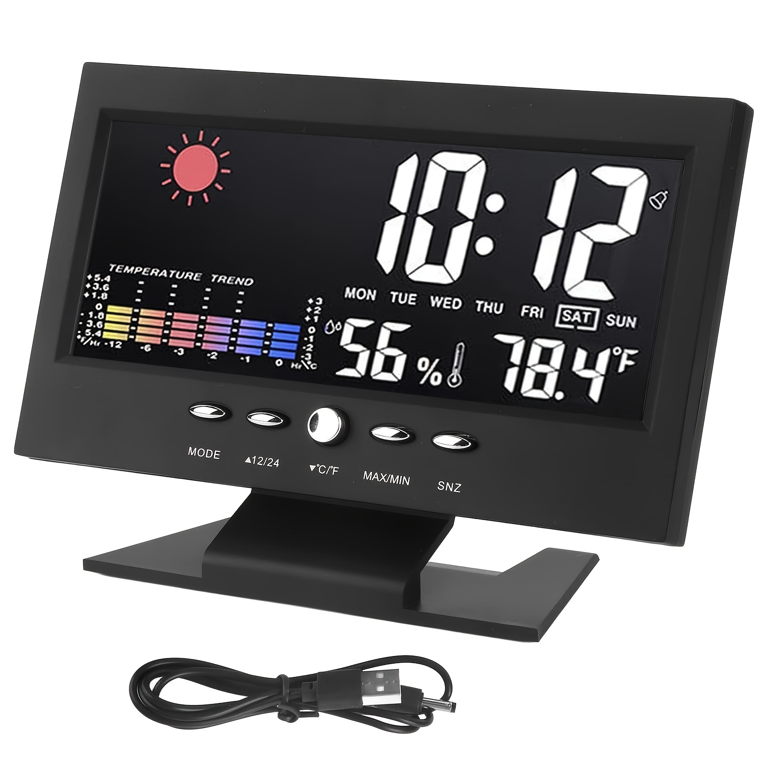Reloj despertador digital de escritorio y mesa, con pantalla LED grande,  luz de fondo automática, pantalla de temperatura y humedad, 5 colores