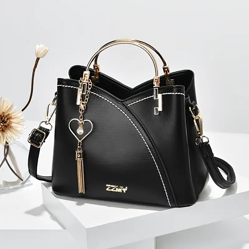 color block satchel bag trendy metal tassel decor crossbody bag womens top ring purse 9 1 7 5 4 5 inch details 4