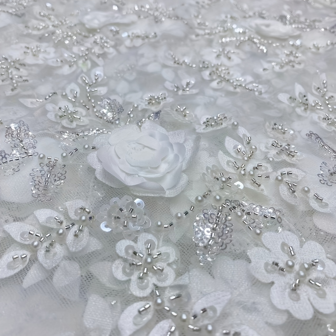 Floral Embroidered White Lace Bridal Fabric by the Yard