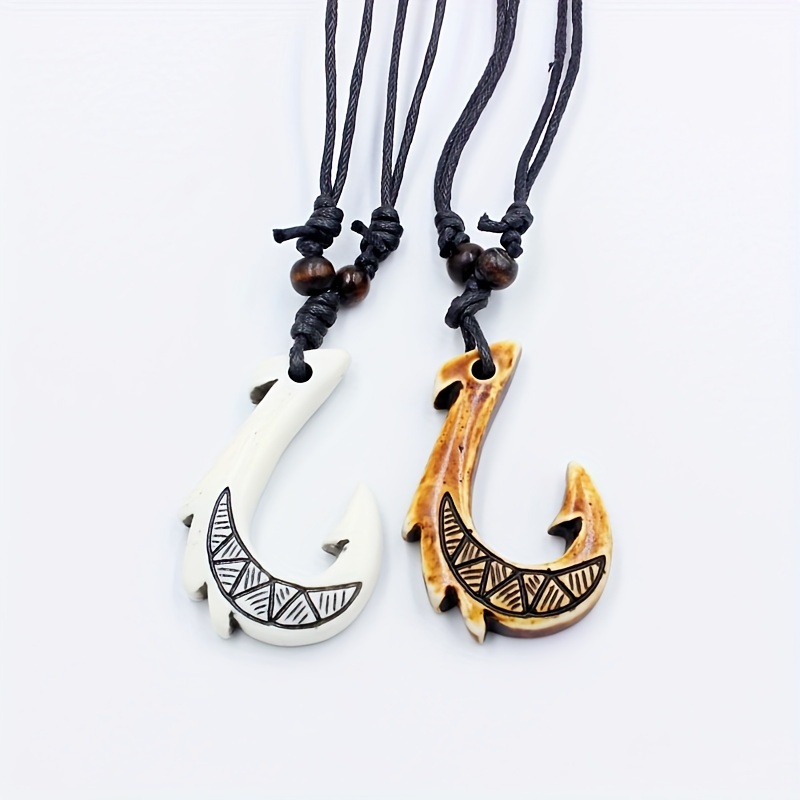 Fashion NewZealand Maori Fishhook Necklace For Men & Women Imitation Yak  Bone Carved Fish Hook Charms Pendant Necklace Jewelry Gift