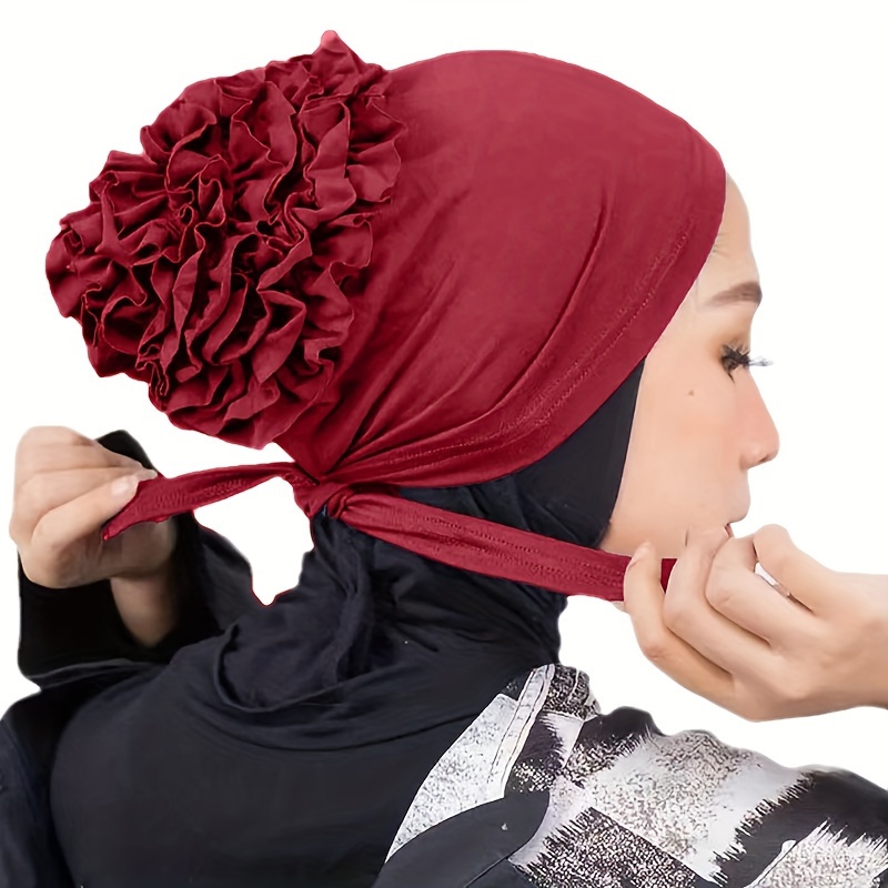 

Women's Solid Chiffon Turban, Flower Decor Fashionable Ramadan Head Wrap, Breathable Head Scarf For Daily Life, Multicolor Available For Ramadan For Eid Al-adha