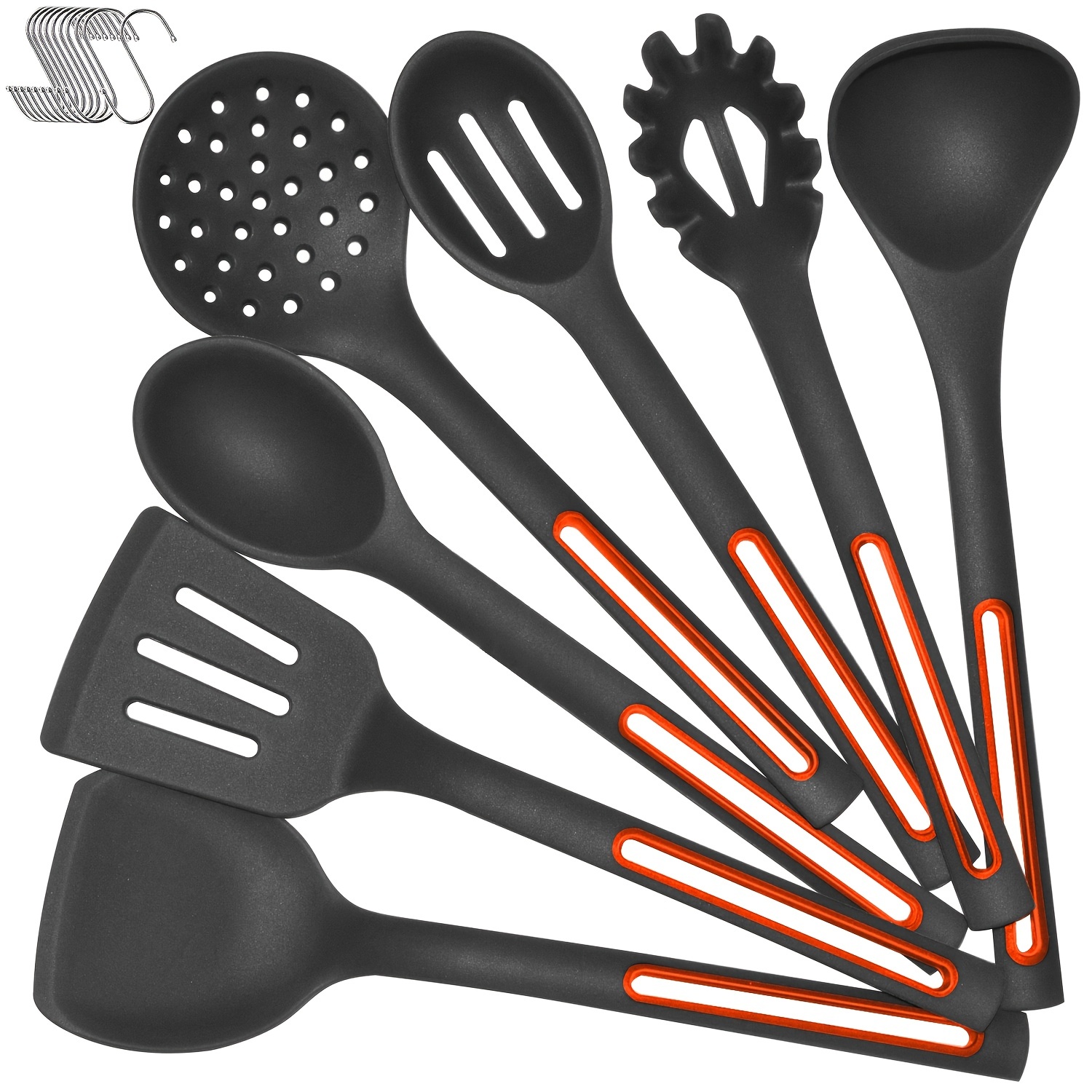 Large Silicone Cooking Utensils - Heat Resistant Kitchen Utensil Set with Wooden Handles, Spatula,Turner, Slotted Spoon, Pasta Server, Kitchen Gadgets