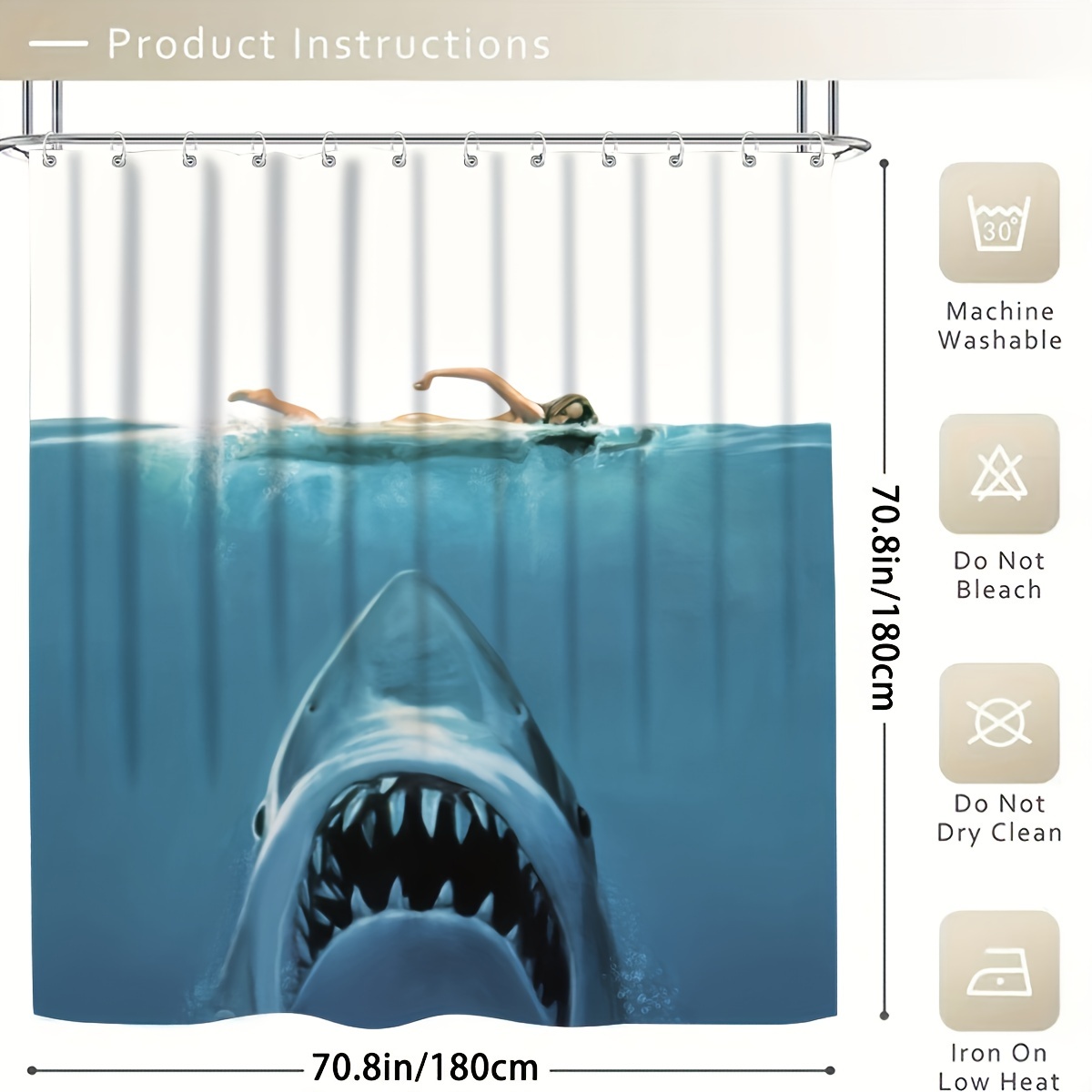 Shark Pattern Waterproof Shower Curtain 12 Hooks Non slip - Temu