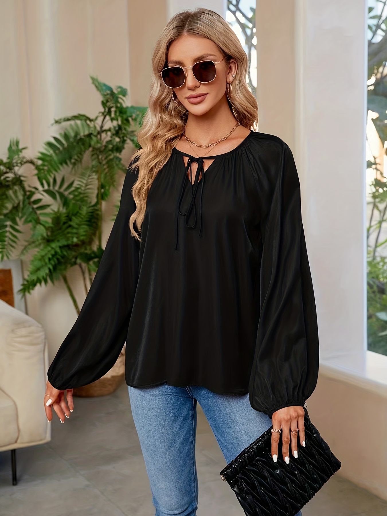Solid Tie Neck Blouse Casual Long Sleeve Blouse Spring Fall - Temu