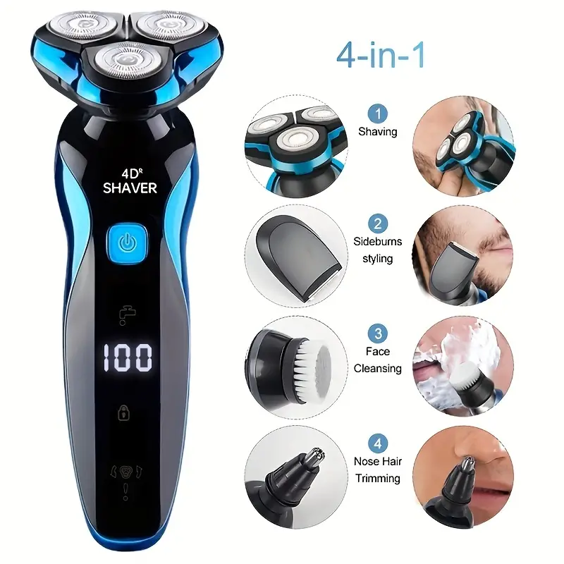 4-in-1 Electric USB Rechargeable Dry & Wet Waterproof Men's Cordless Shaver