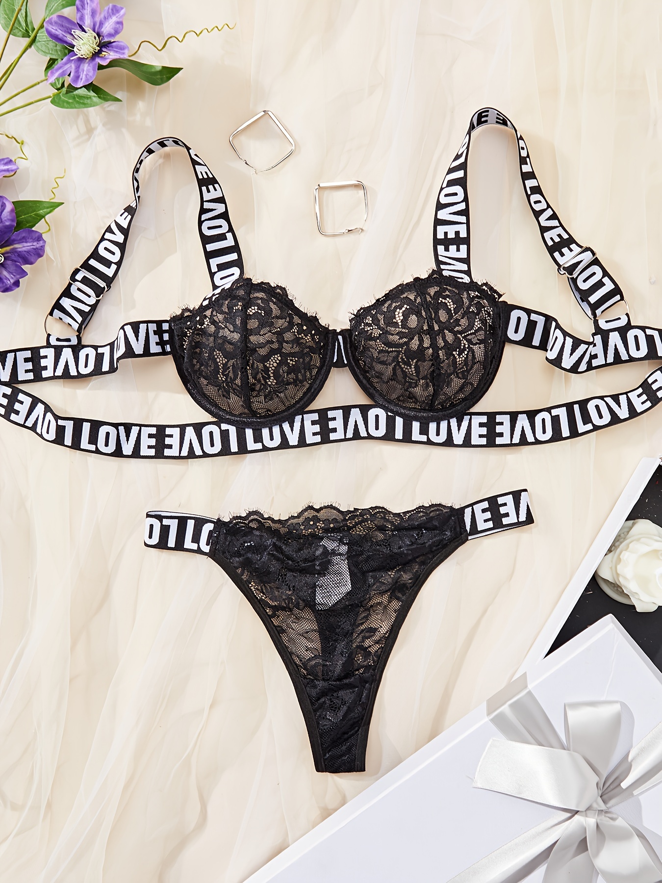 Floral Lace Lingerie Set, Cut Out Unlined Bra & Letter Tape Thong, Women's  Sexy Lingerie & Underwear