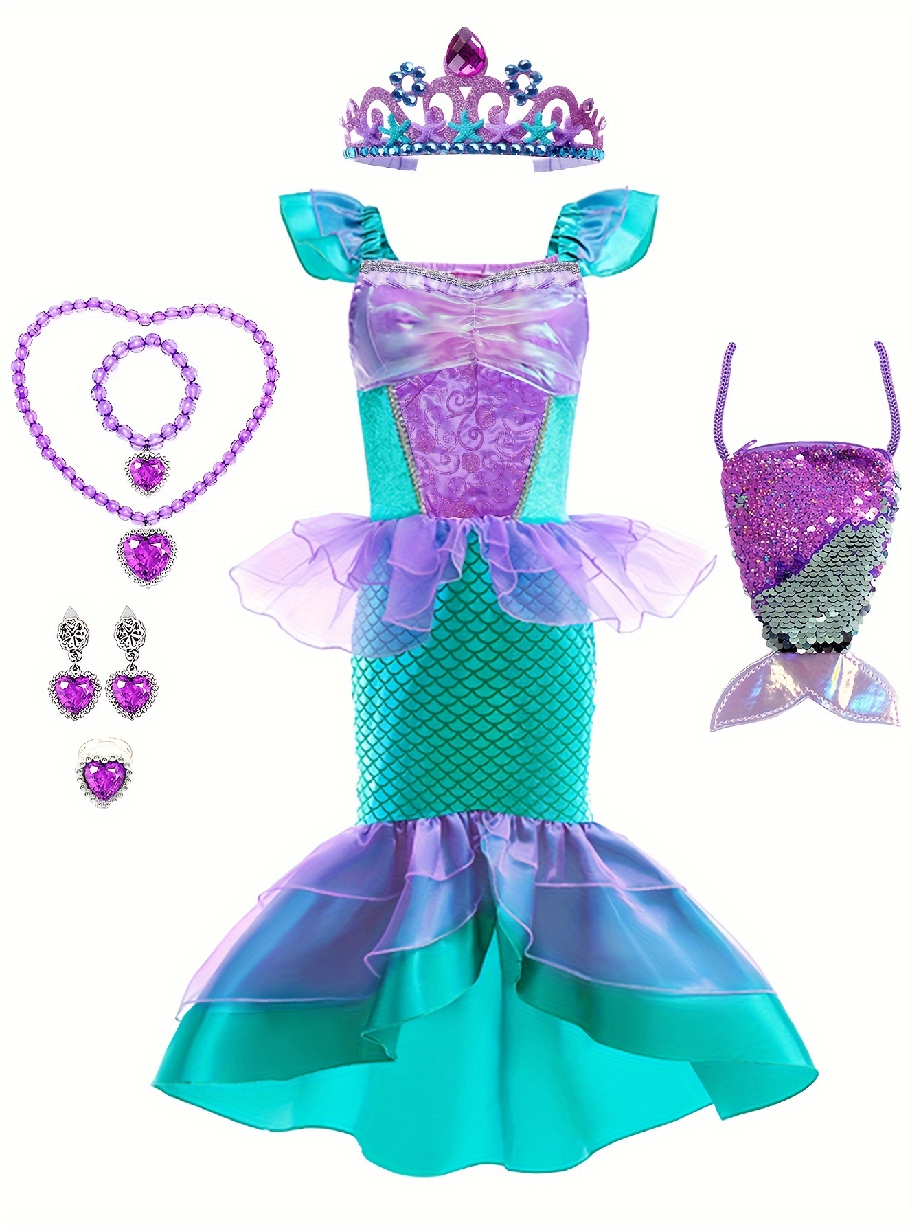 Disfraz De Sirena Para Niñas, Disfraz De Halloween, Vestido De Princesa,  Fiesta De Cosplay Con Peluca, Diadema Y Collar
