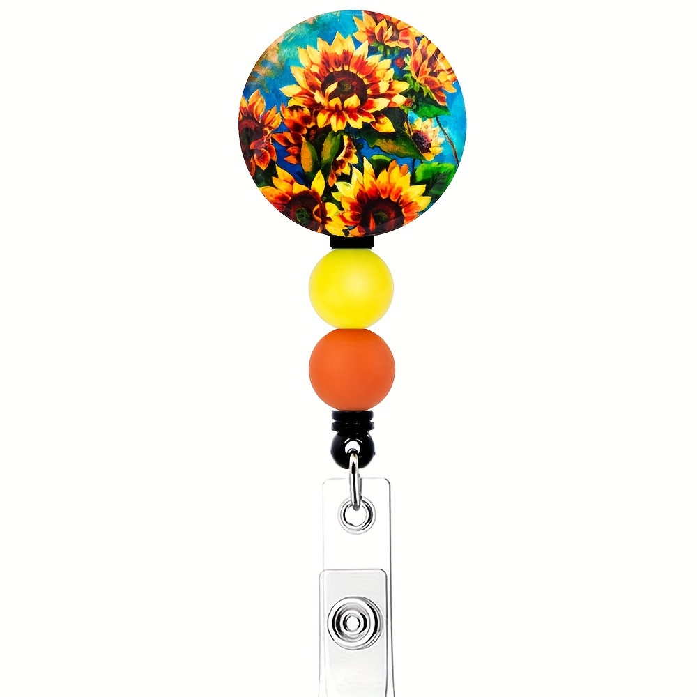 Retractable Sunflower Badge Reel Beaded Badge Reel For Women - Temu