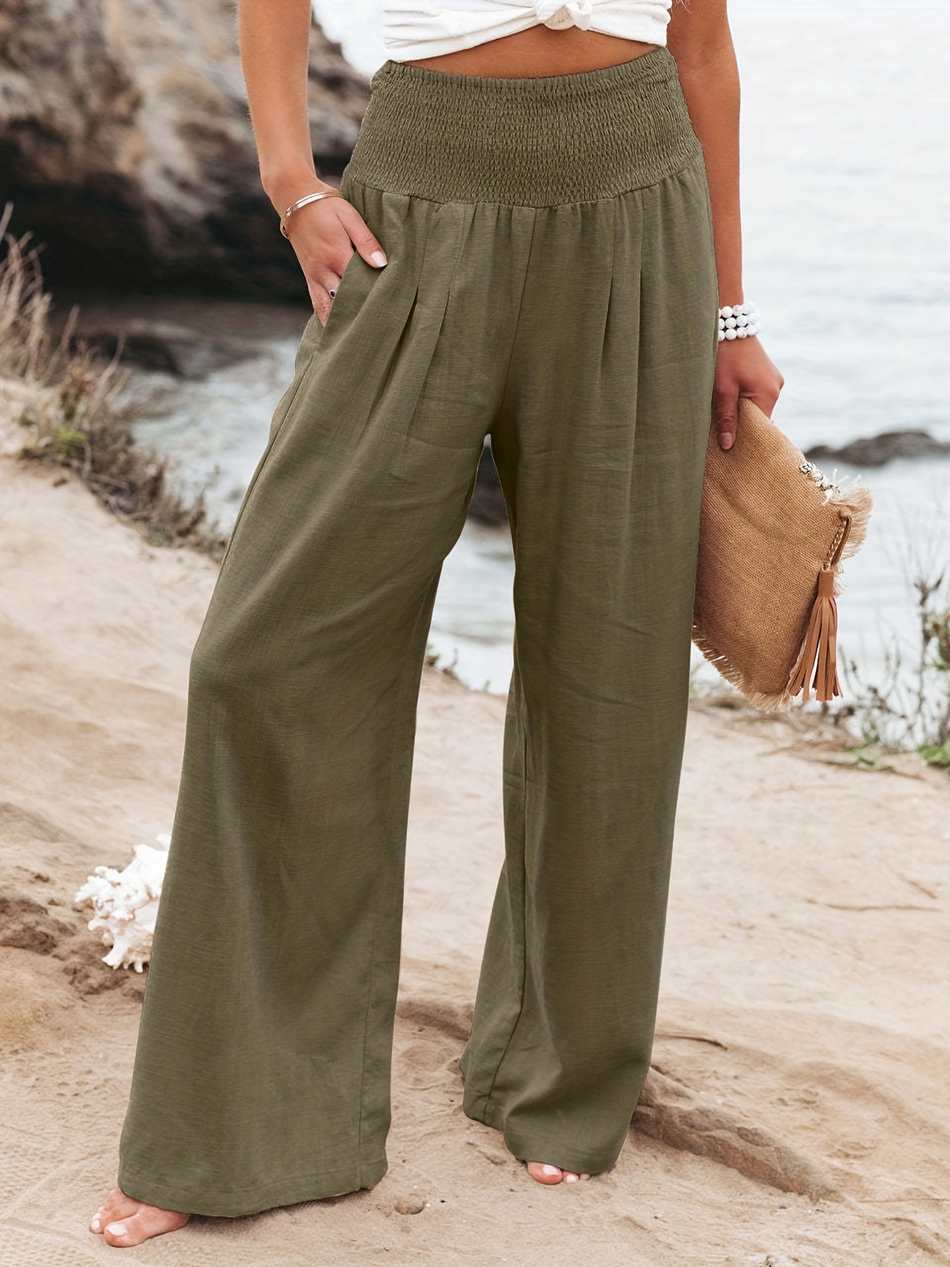 Summer Pants for Women Casual for Curvy Women Casual Work Pants for Women  Office Womens Casual Solid Color Loose Pockets Elastic High Waist Pants  Long Trousers Market Clothes 