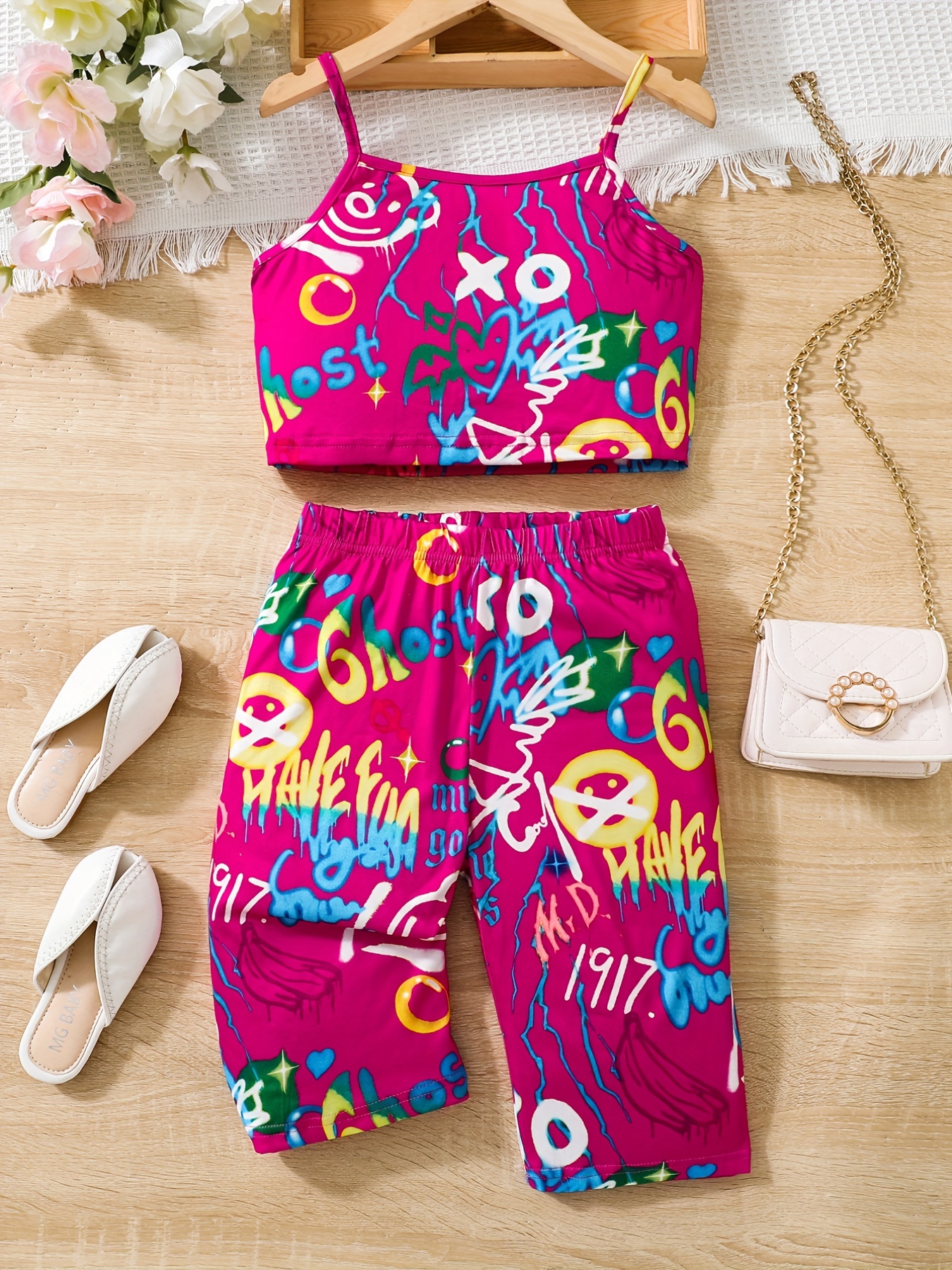 Girl's Fashion Colorful Bear Printed Casual Shorts Set