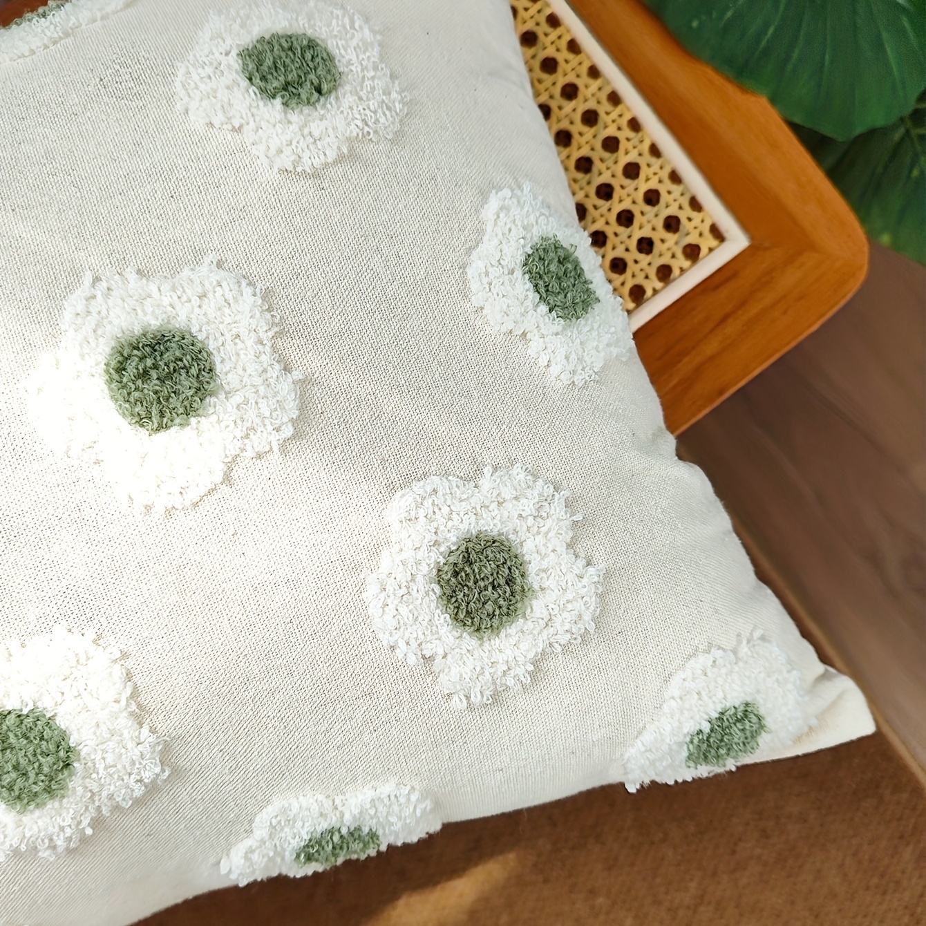 Floral Embroidered Cushion Cover Without Filler, Green Soft