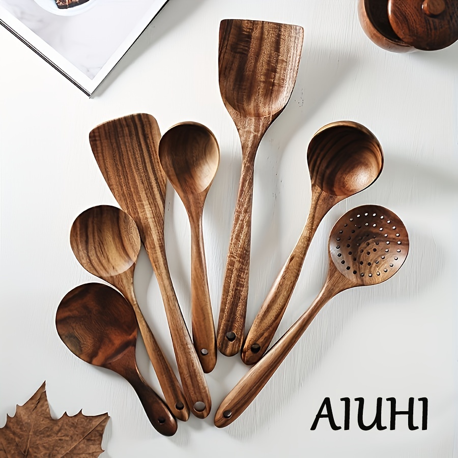 Set of Wooden Handled Cooking Utensils - Dishwasher Safe - Nylon Spoons and  Spatulas! - DIY Tool Supply