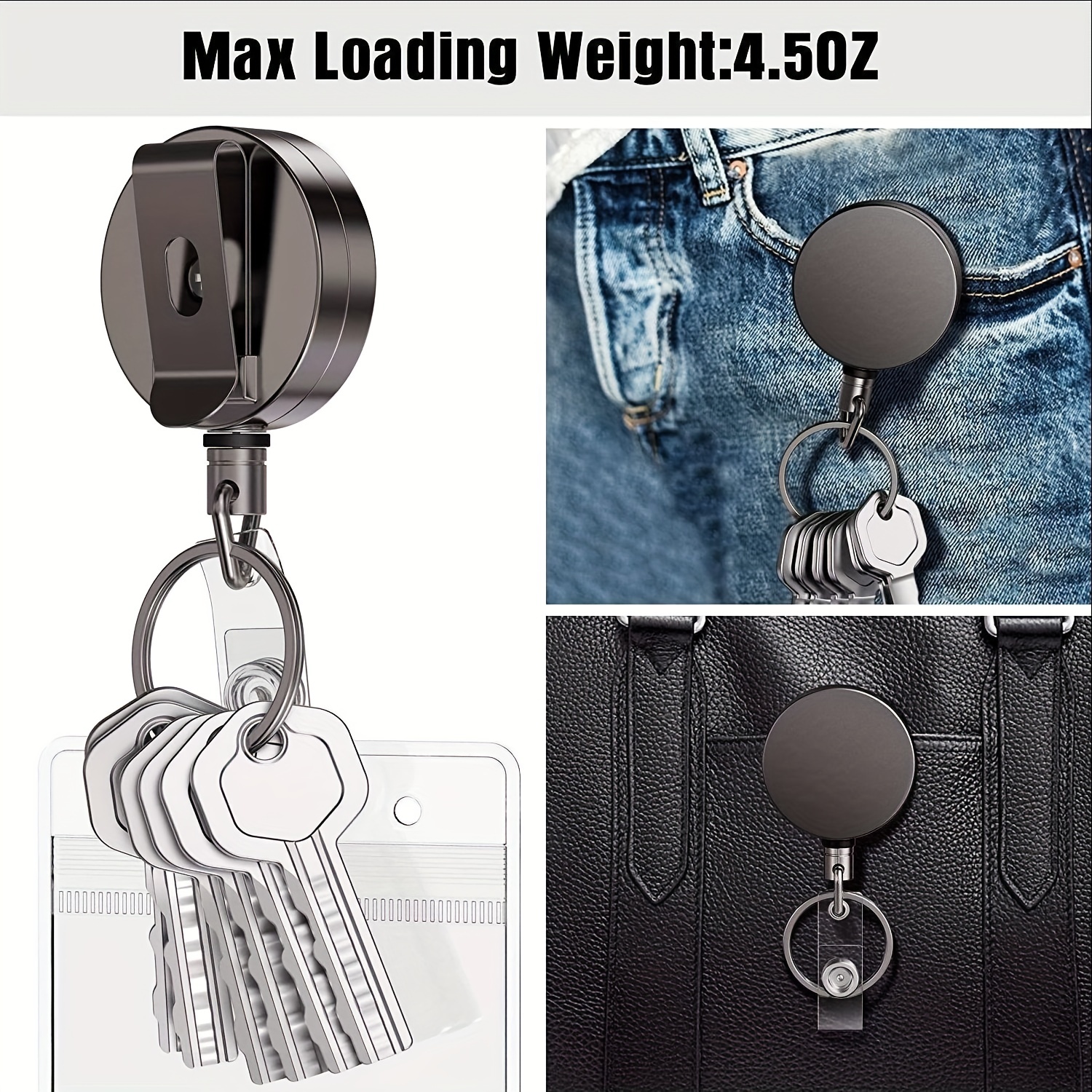 Popvcly Multi Tool Reel Recoil Retractable Key Ring Pull Chain Belt Clip Card Holder All Metal, Women's, Grey