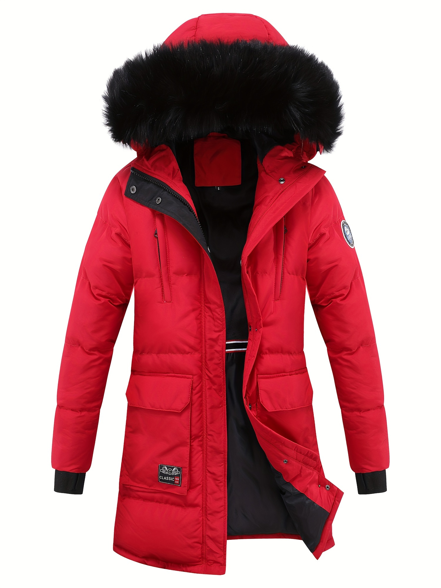 Red coat with black fur hood hot sale