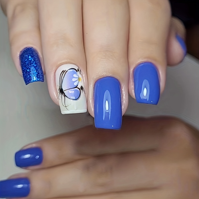  Royal Blue Press on Nails Square Short Fake Nails with Designs  Solid Color Full Cover False Nails with Nail Glue Electric Blue Acrylic  Nails Glossy Full Cover Artificial Glue on Nails