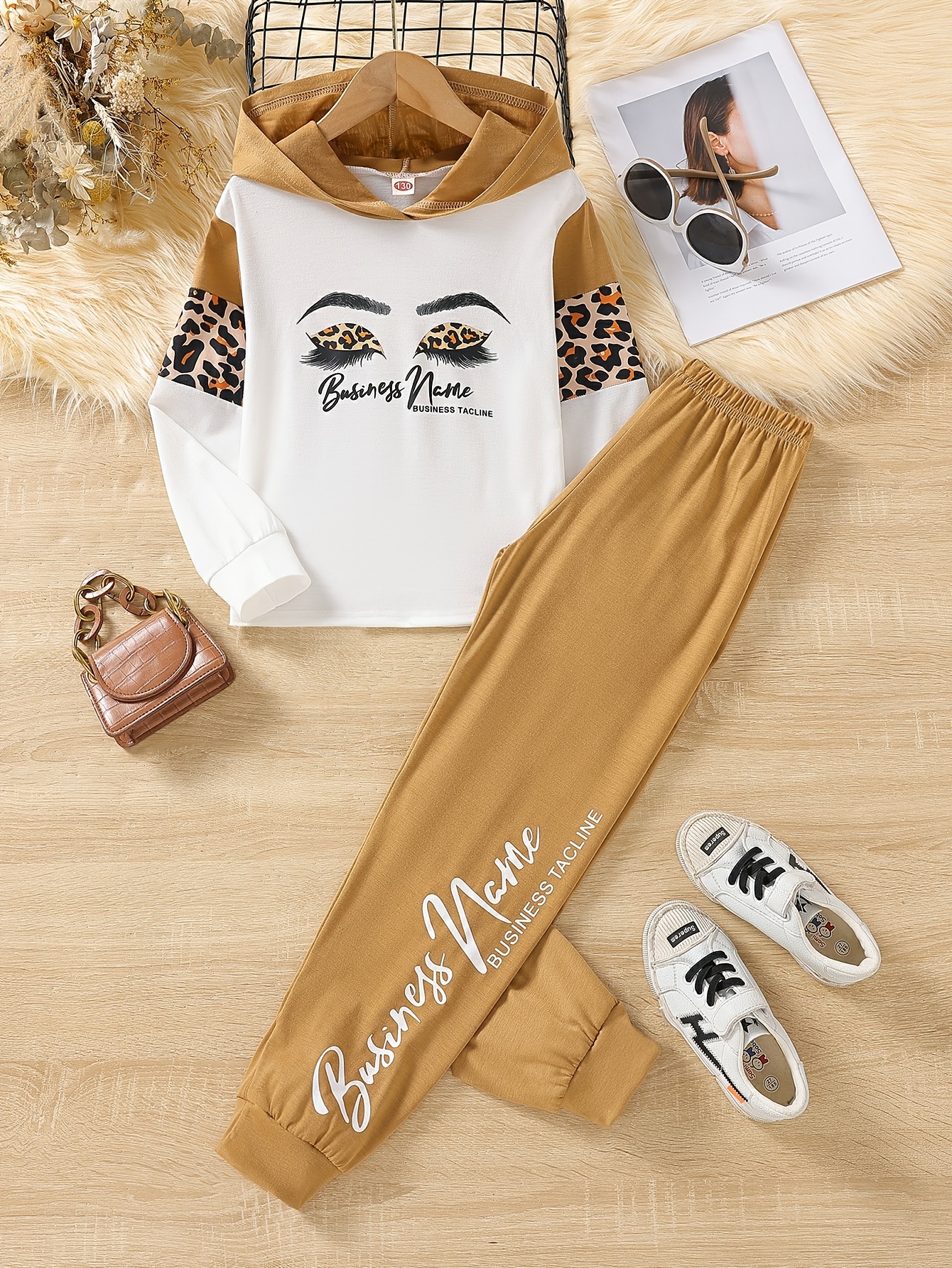 Leopard Letter Print Grey Family Matching Long-sleeve Hooded Sweatshirts Dresses Sets