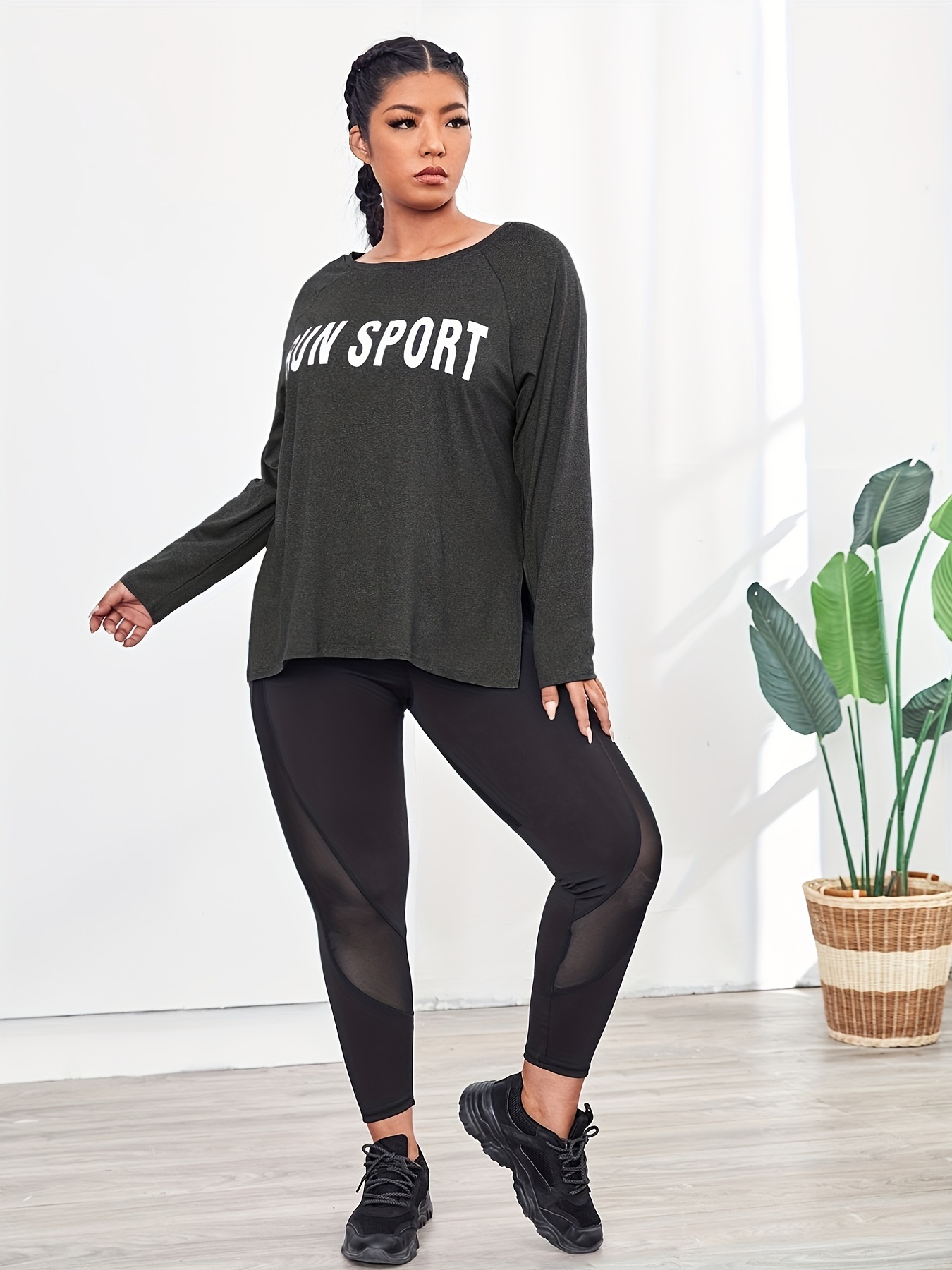 Plus Size Sports Top Women's Plus Letter Print Long Sleeve - Temu