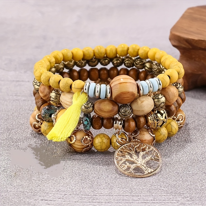 4pc Boho Style Tree & Tassel Charm Bracelet Set