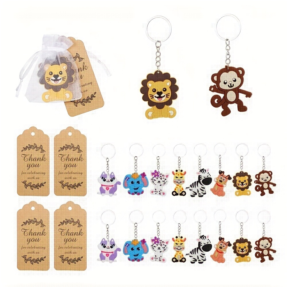 

48pcs, Cute Animal Keychains Including 16 Pcs Key Ring 16 Pcs Thanks Tags And 16 Pieces Yarn Bags For Party Gift Zoo Animals Theme Decorations Boy Girl Birthday Favor