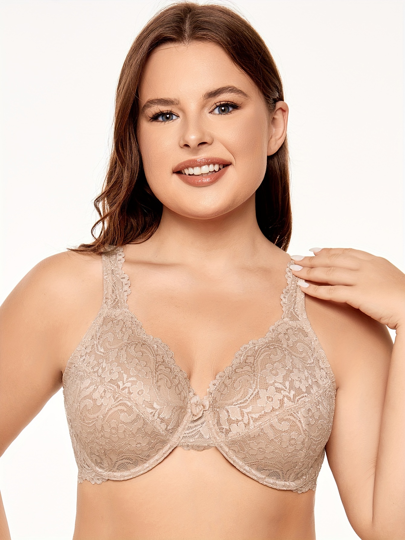  Womens Full Coverage Underwired Plus Size Floral Lace Bra  Non Padded Comfort Bra 42B Beige