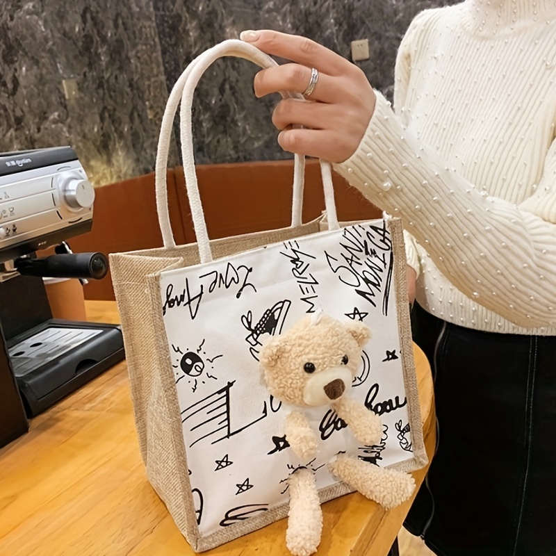 Plush Bear Doll Tote Bag - Cartoon Pattern Handbag