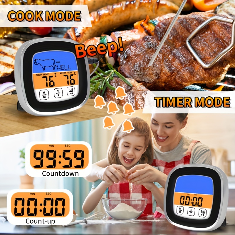 Food Thermometer, Largetouch Screen Meat Thermometer, Lcd Digital  Thermometer, Cooking Food Meat Smoker Oven Kitchen Bbq Grill Thermometer  With Clock Timer, Thermometer With Stainless Steel Probe, Kitchen  Accessaries - Temu