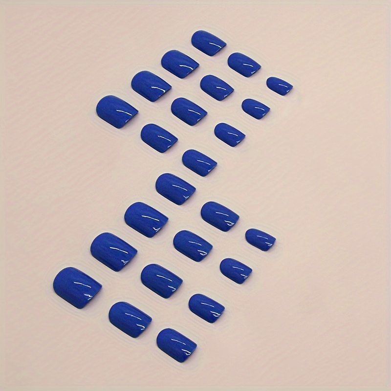 short square shape press on nails solid color blue fake nail glossy full cover nails for women girls details 4