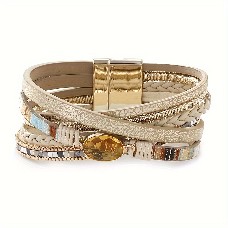 

1pc Bohemian Big Crystal Beaded Bracelet, Vintage Braided Stripes Leather Wrap Bracelet, Magnetic Clasp Jewelry