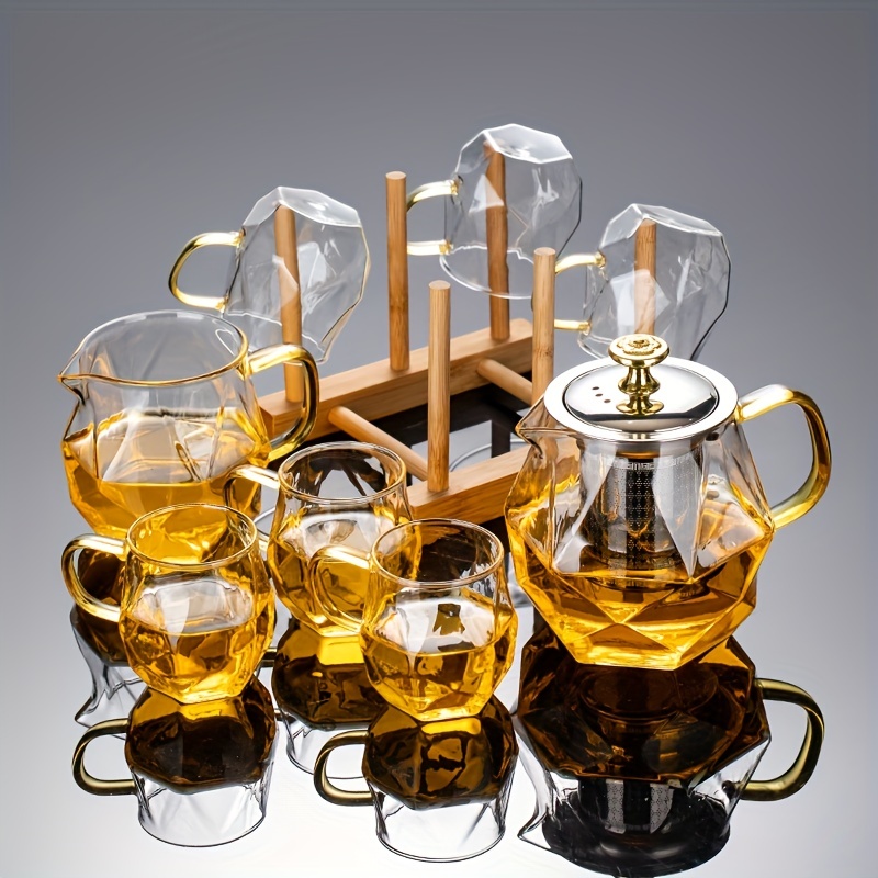 1set Glass Teaset, Teapot 530ml/17.9oz, Tea Cup 90ml/3oz, Clear Tea Pot  With Infuser, Household Glass High Temperature Resistant Tea Maker Tea  Kettle