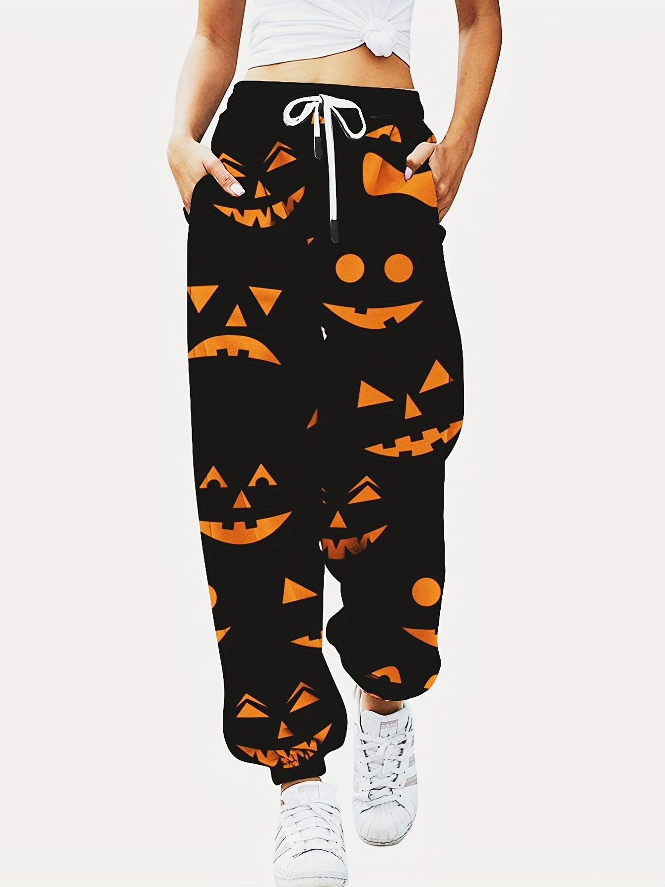 Pumpkin Print Halloween Pants Casual Drawstring Elastic - Temu Canada