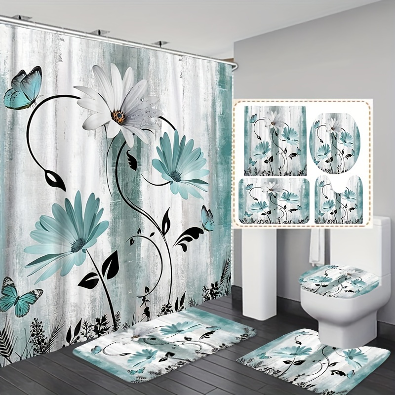 Shower Curtain Light Green Daisy Flower Butterfly Bathroom - Temu