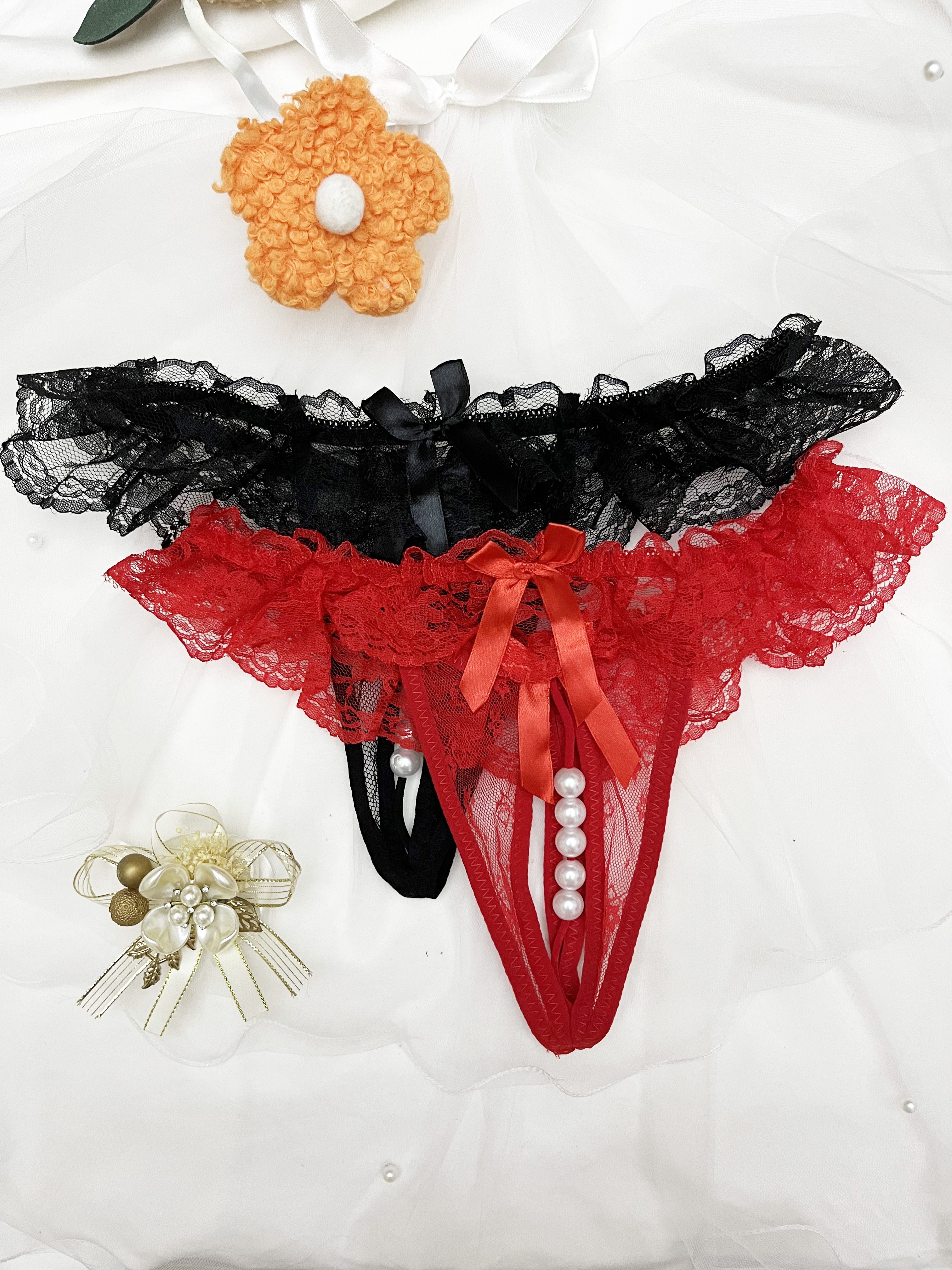 Hot Floral Lace Thongs, Semi-sheer Lace Up Bow Panties, Women's Sexy  Lingerie & Underwear