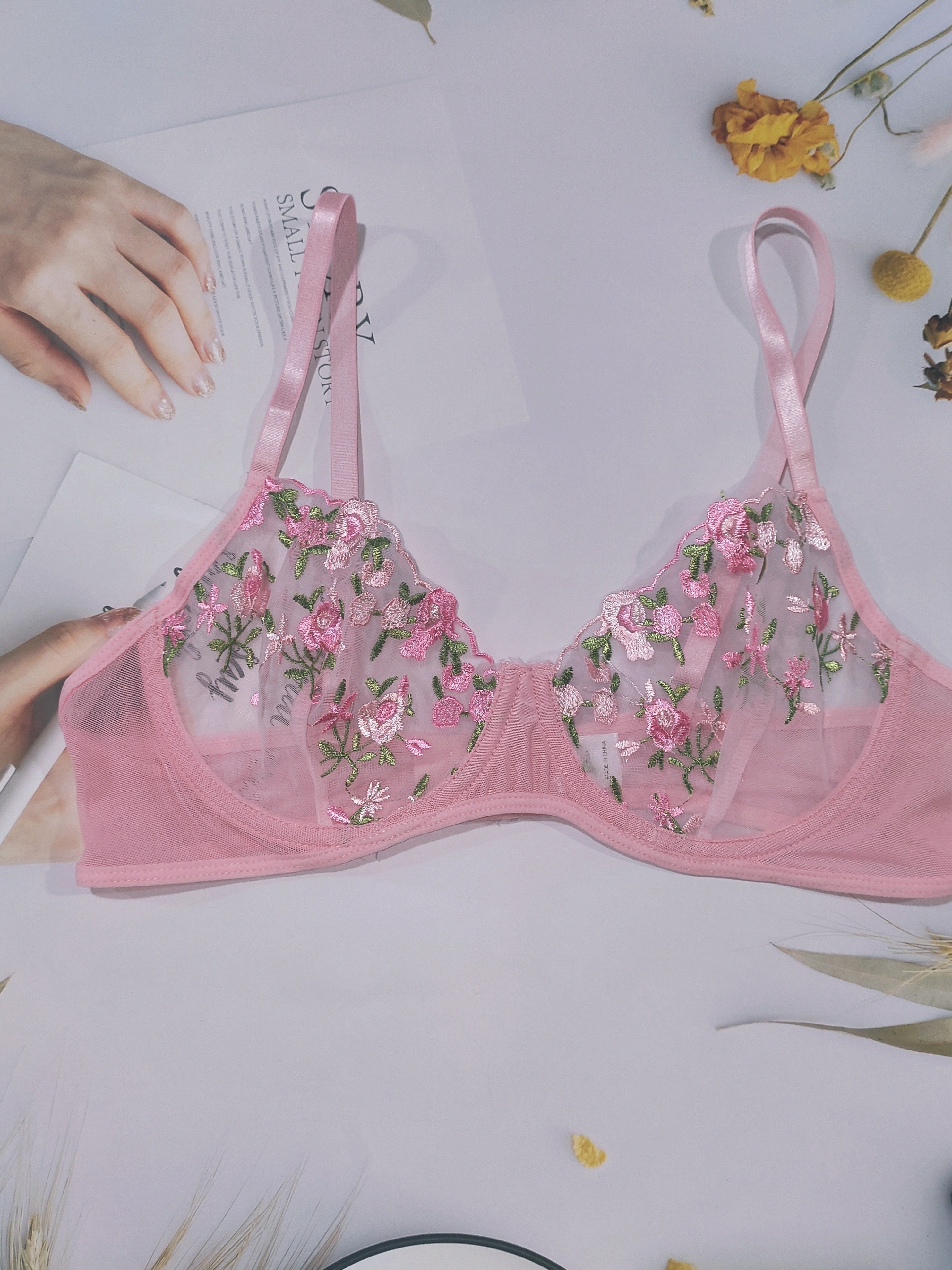 Kendall + Kylie Embroidery Mesh Bra Pink KBR011 - Free Shipping at