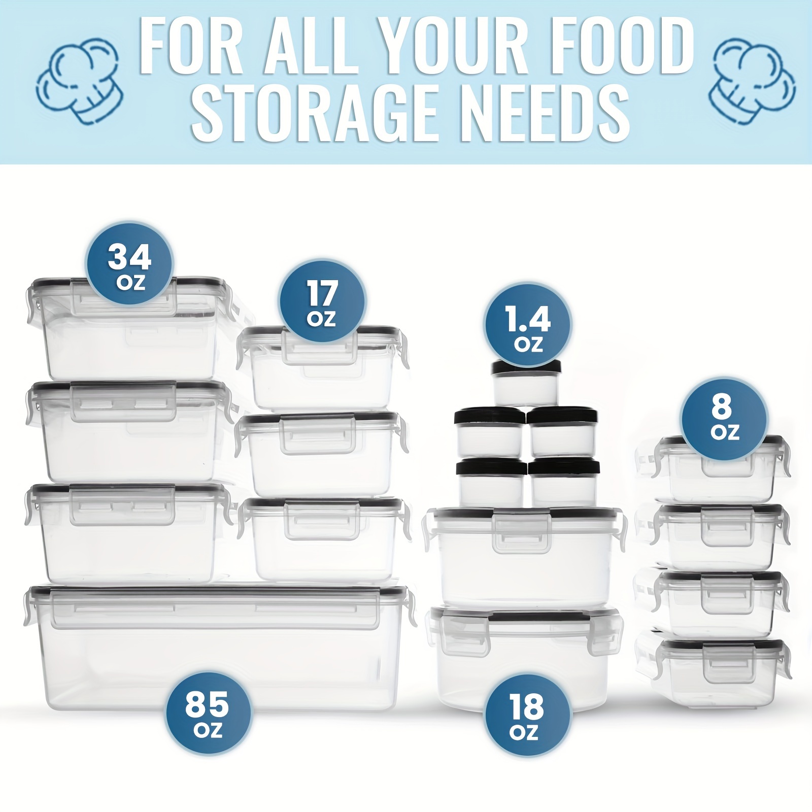 18 sets, 36pcs, 100% BPA-Free Plastic Food Storage Containers with Lids -  1.4 Oz - 84.5 Oz - Dishwasher, Microwave, and Freezer Safe - Reusable Meal P