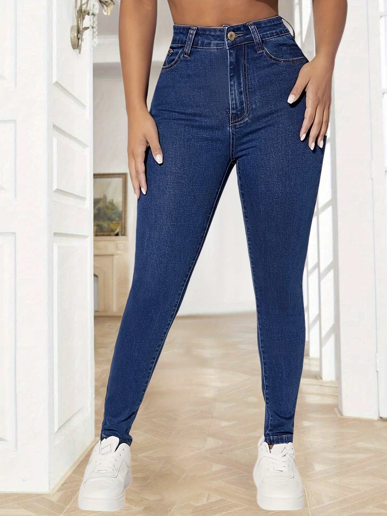 High Curvy Plain Design Legs Dark Blue Skinny Jeans - Temu Chile