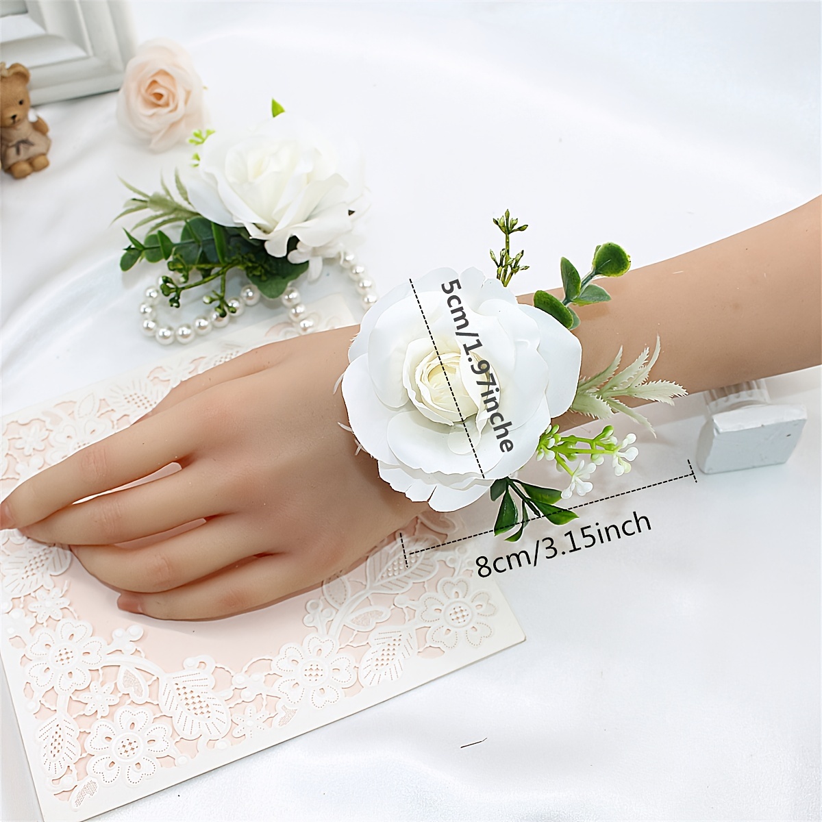 1/6pcs, Wrist Corsage For Women, Artifical White Rose And Faux Pearls Wrist  Corsage For Bride Bridesmaids Wedding, Birde And Groom's Mother Wrist Flow
