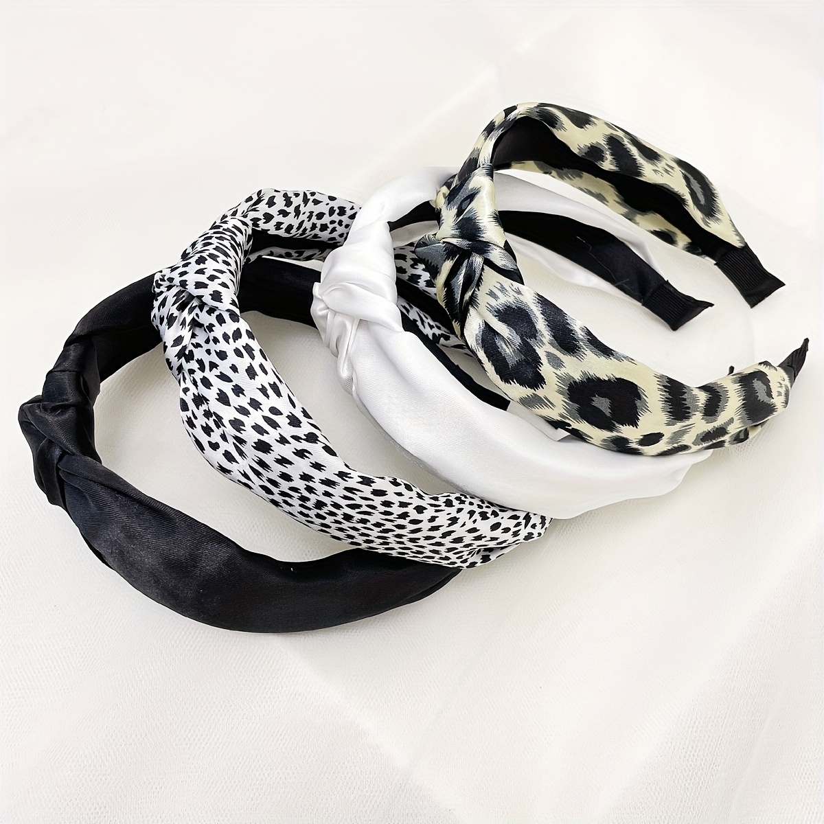 E-shop 4er Set Damen Stoff Stirnband in Unifarben mit Leopardenmuster für den täglichen Gebrauch, Streetstyle Waschbares Stirnband für Haare