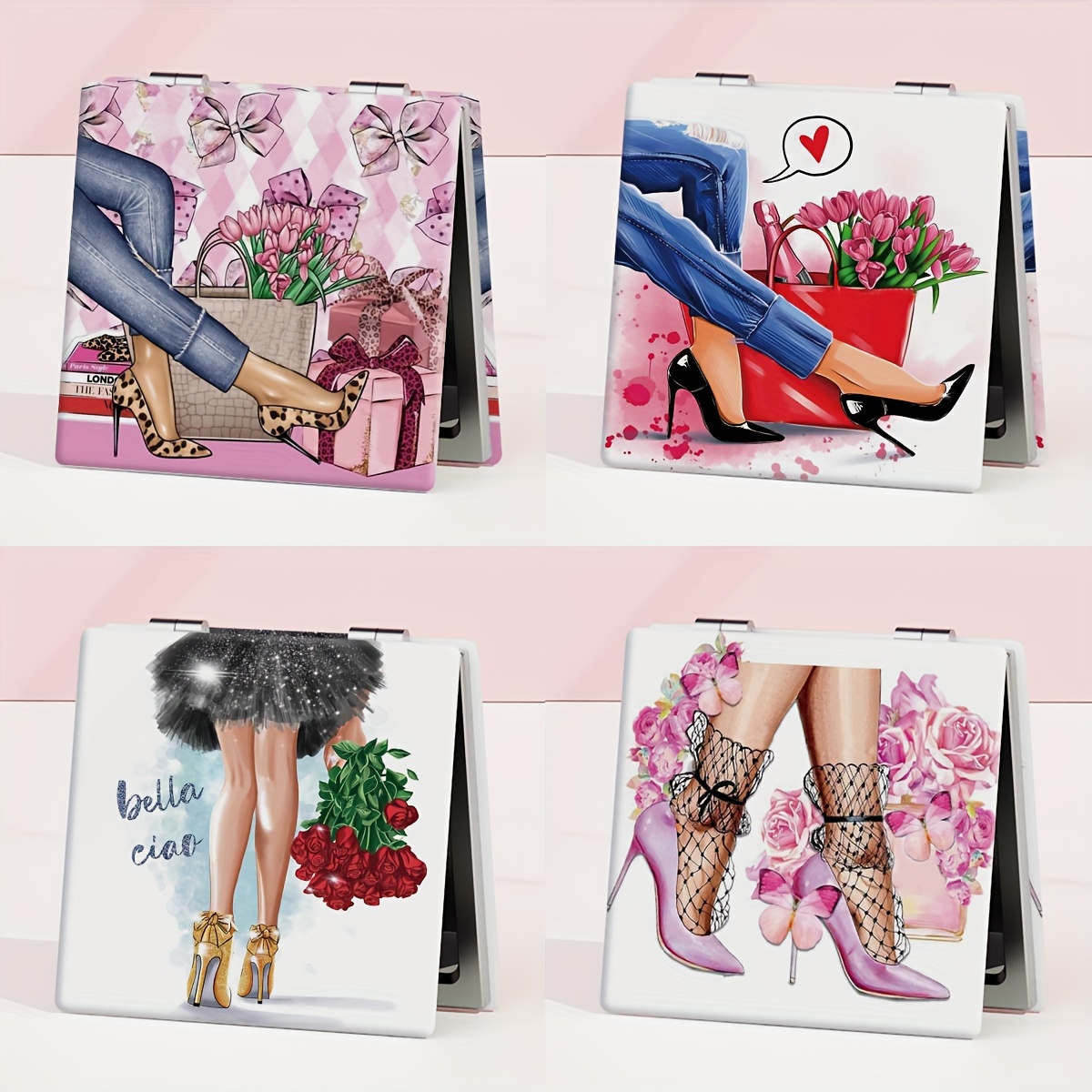 espejo maquillaje compacto patrón tacones altos bolsos mujer