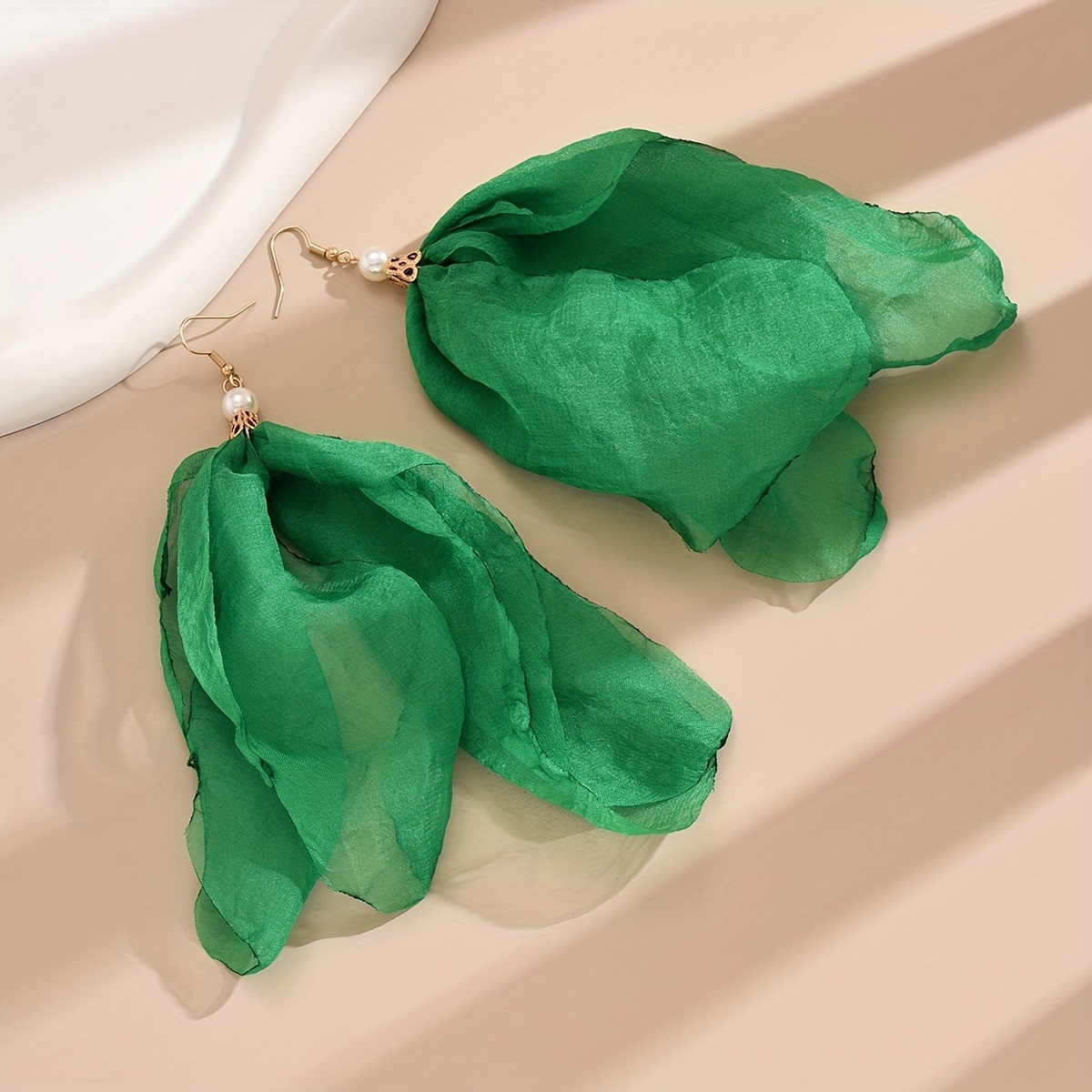 Green Yellow Fabric Flower Earrings with Faux Pearl Dangle